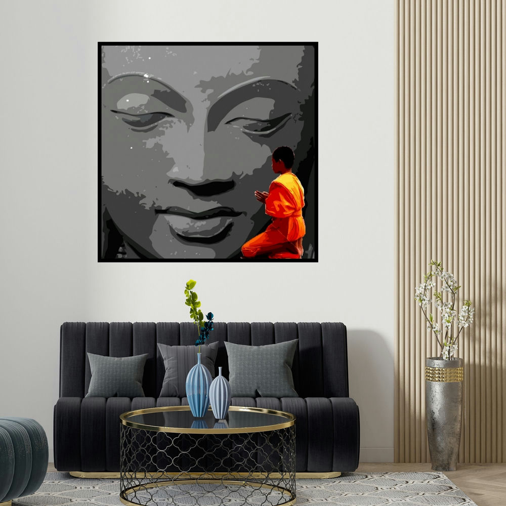 Umakant Tawde's 'Gnosis 16 (Seeking Buddha's Blessings)' painting visualized above a sofa in a contemporary room.