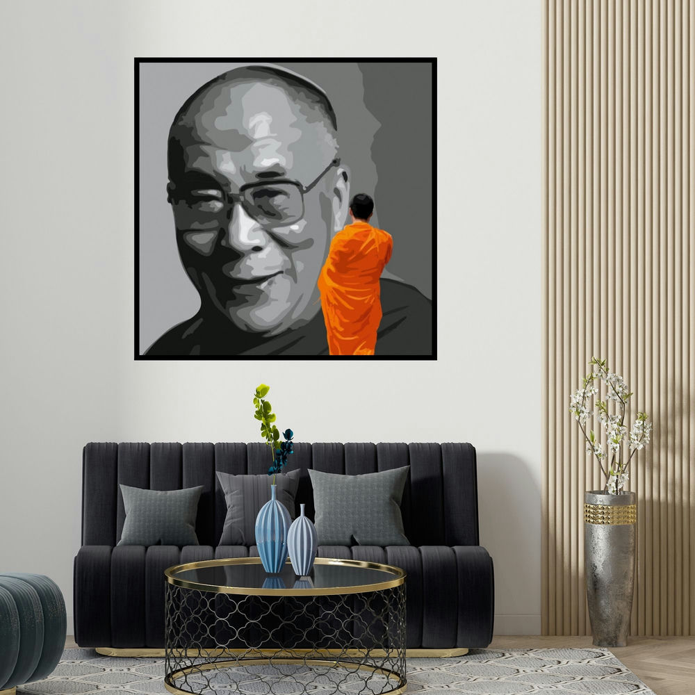 Umakant Tawde's 'Gnosis 19 (Monk in Prayer)' painting visualized above a sofa in a contemporary room.