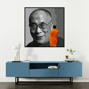 'Gnosis 19 (Monk in Prayer)' painting by Umakant Tawde shown on a wall in a furnished room.