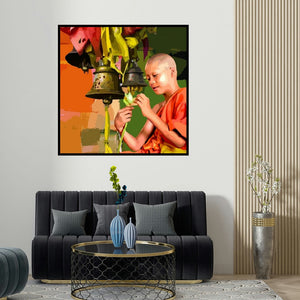 Umakant Tawde's 'Gnosis 8' painting visualized above a sofa in a contemporary room.