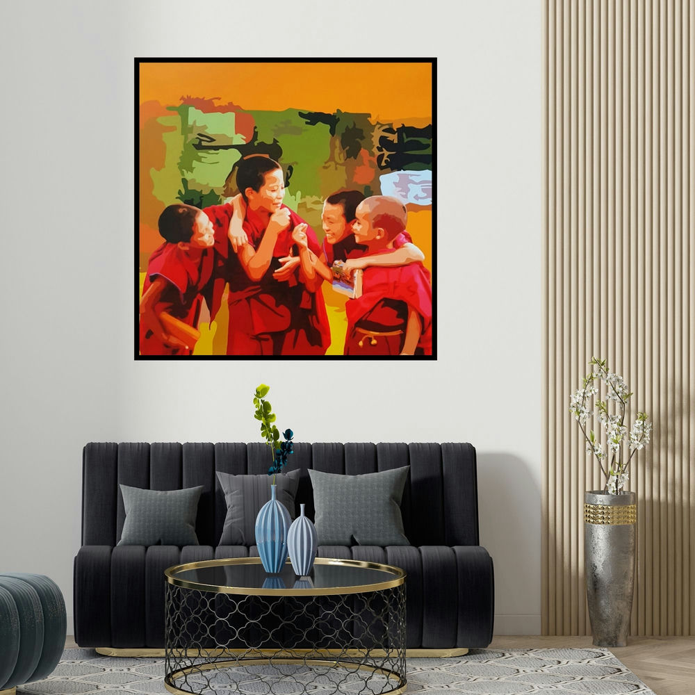 Umakant Tawde's 'Gnosis 9 (Innocence of Village Life)' painting visualized above a sofa in a contemporary room.