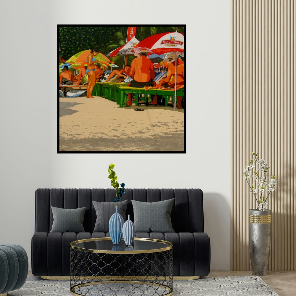 Nur Ali's 'Goa Beach (Premium Fuel for a Premium Experience)' painting visualized above a sofa in a contemporary room.