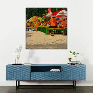 'Goa Beach (Premium Fuel for a Premium Experience)' painting by Nur Ali shown on a wall in a furnished room.