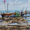 Goanese Fishermen' seascape watercolor painting by artist Sujit Chakraborty, 12x17 inch, on paper