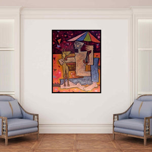 In-situ view of Amit Rajvanshi's 'Goat (Shelter from the Storm)' painting in a room