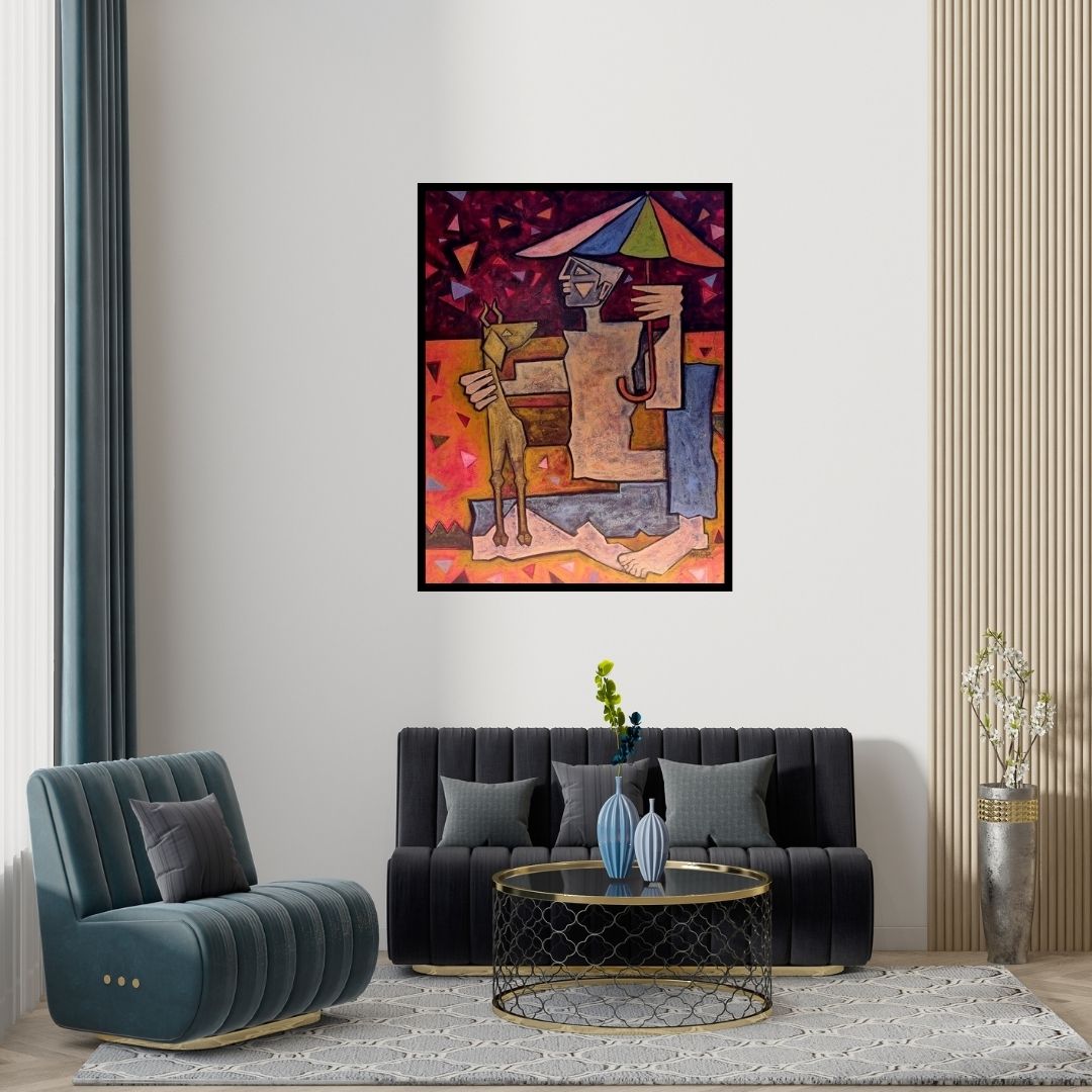 Preview of 'Goat (Shelter from the Storm)' Painting by Amit Rajvanshi shown on a wall in a furnished room.