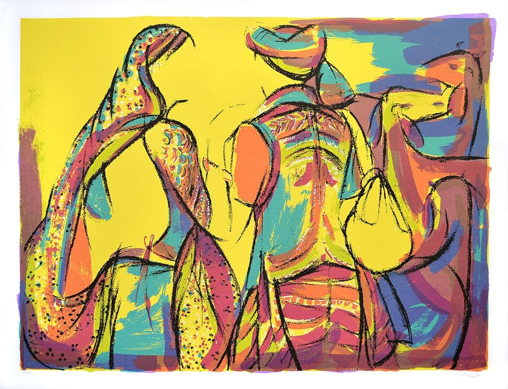 Figurative serigraphs painting titled 'Goatherders', 40x52 inches, by artist Vrindavan Solanki on Paper