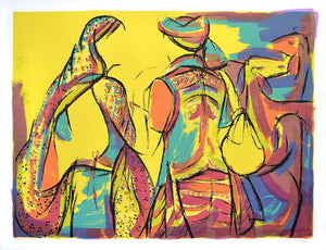 Figurative serigraphs painting titled 'Goatherders', 40x52 inches, by artist Vrindavan Solanki on Paper