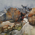 Cityscape watercolor painting titled 'Goats On The Rock', 22x28 inches, by artist Bijay Biswaal on Paper