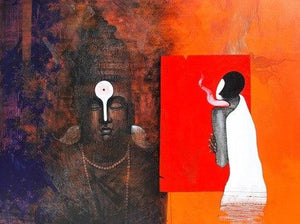 Figurative acrylic painting titled 'God and Worship', 48x36 inches, by artist Narayan Shelke on Canvas