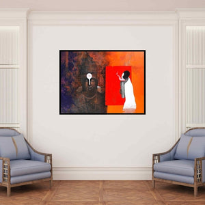 In-situ view of Narayan Shelke's 'God And Worship (Echoes of Divinity: A Silent Conversation)' painting in a room