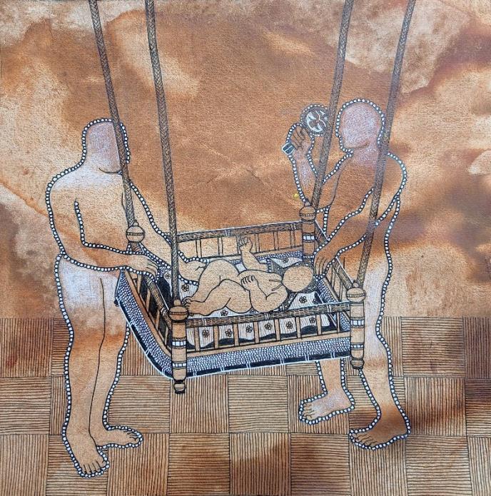 contemporary pen drawing titled 'God Mother Father Former Media', 20x20 inches, by artist Santosh Pattar on Paper