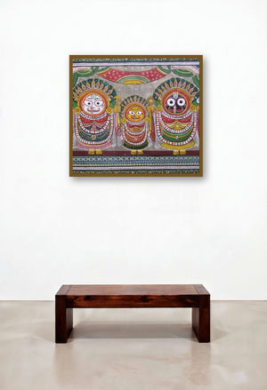 God Tasar Cloth Painting I (Divine Trio: Jagannath displayed in a Modern Executive Office