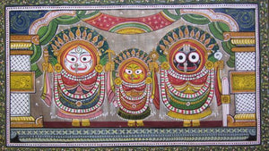 God Tasar Cloth Painting I (Divine Trio: Jagannath, Balabhadra, and Subhadra) by Pradeep Swain, Original Fabric Folk Art Painting on Cloth, Small Horizontal Wall Art