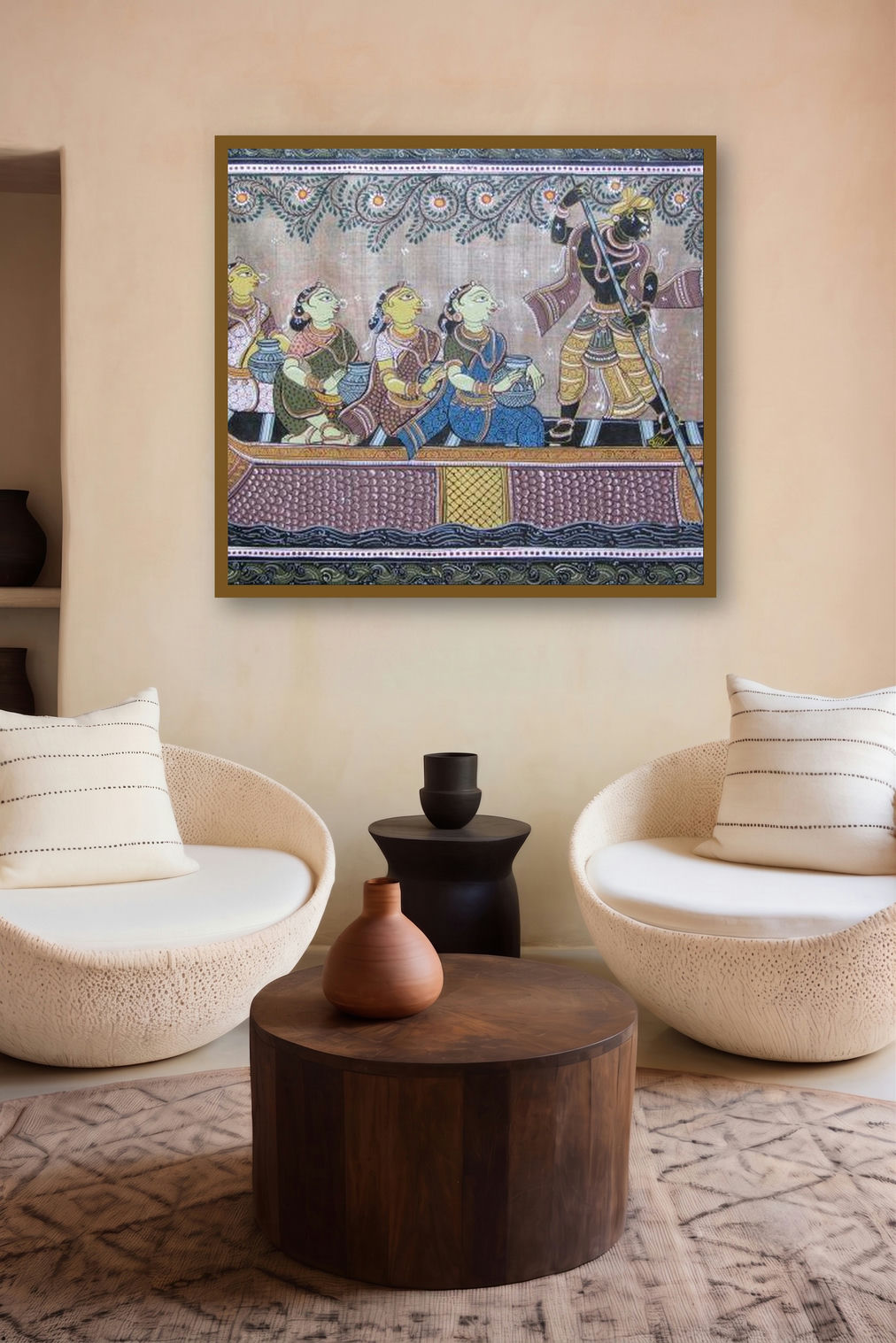 God Tasar Cloth Painting Ii (Passage to Exile: Ramas River Crossing) by artist Pradeep Swain displayed in a Contemporary Exhibition gallery
