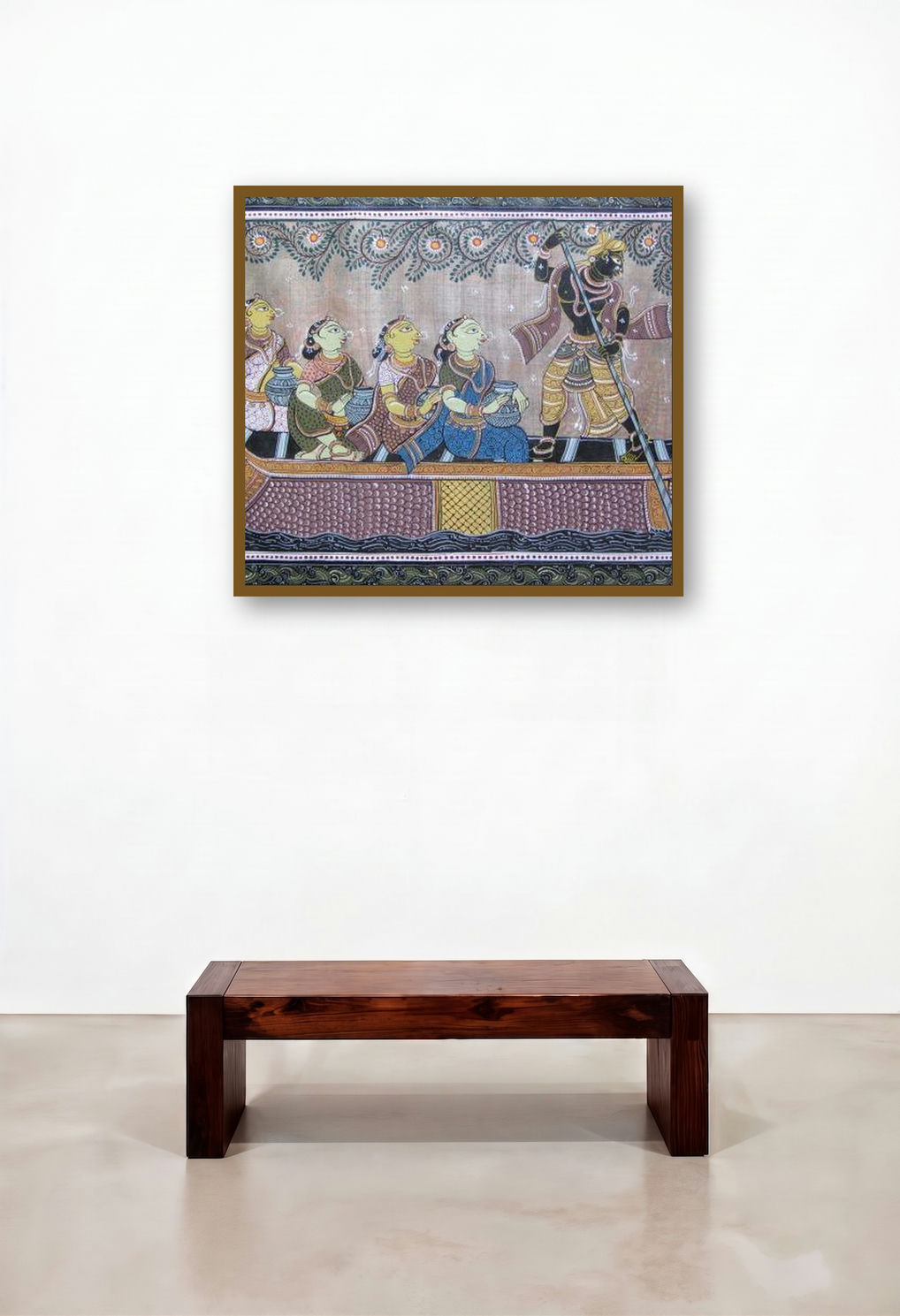 God Tasar Cloth Painting Ii (Passage to Exile: Ramas River Crossing) by artist Pradeep Swain displayed in a Contemporary Home Office