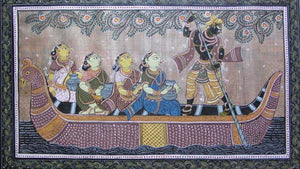 God Tasar Cloth Painting Ii (Passage to Exile: Ramas River Crossing) by Pradeep Swain, Original Fabric Folk Art Painting on Cloth, Small Horizontal Wall Art