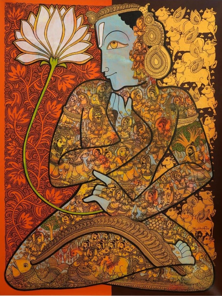 Religious acrylic painting titled 'God Vishnu', 48x36 inches, by artist Ramesh Gorjala on Canvas