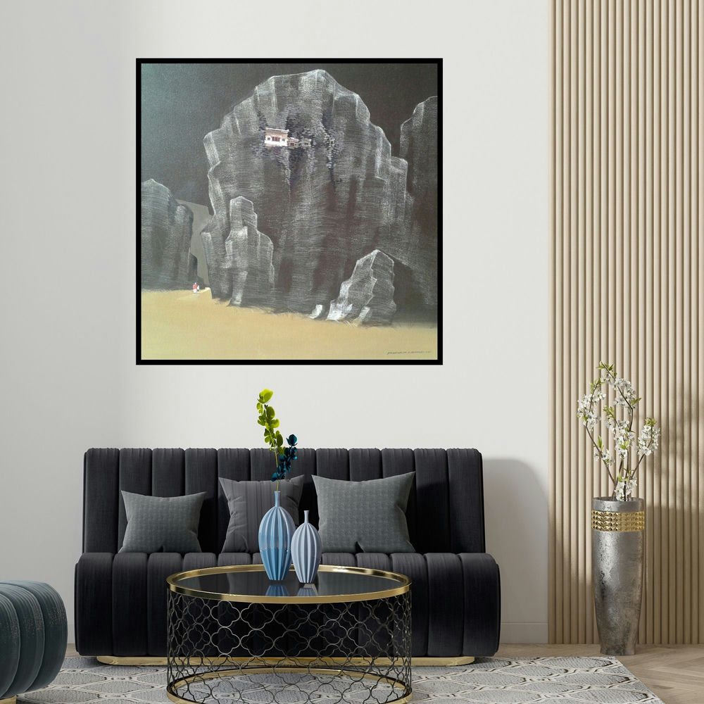 Yogesh Lahane's 'God Visit 2 (Whispers of the Himalayas)' painting visualized above a sofa in a contemporary room.