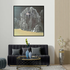 Yogesh Lahane's 'God Visit 2 (Whispers of the Himalayas)' painting visualized above a sofa in a contemporary room.