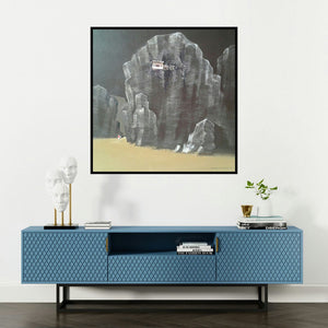 'God Visit 2 (Whispers of the Himalayas)' painting by Yogesh Lahane shown on a wall in a furnished room.