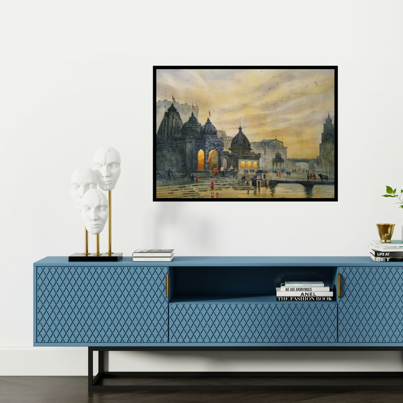 Preview of 'Godavari 2 (Varanasi Temple at Dusk)' Painting by Dnyaneshwar Dambale shown on a wall in a furnished room.