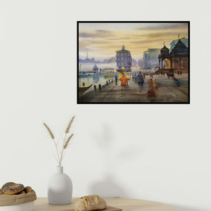 In-situ view of Dnyaneshwar Dambale's 'Godavari (Varanasi Ghats at Dawn)' painting in a room