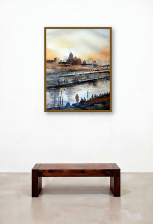 Godavari Ghat by artist Sanjay Dhawale displayed in a Contemporary Lounge