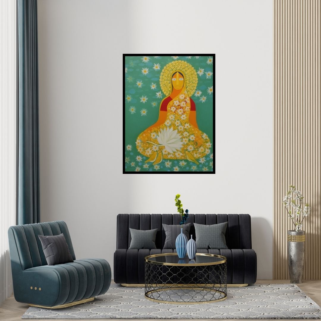 Preview of 'The Goddess Of Abundance' Painting by Sonia Rodrigues shown on a wall in a furnished room.