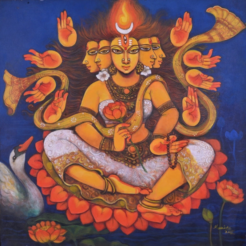 Goddess Gayatree' religious acrylic painting by artist Manisha Srivastava, 30x30 inch, on canvas