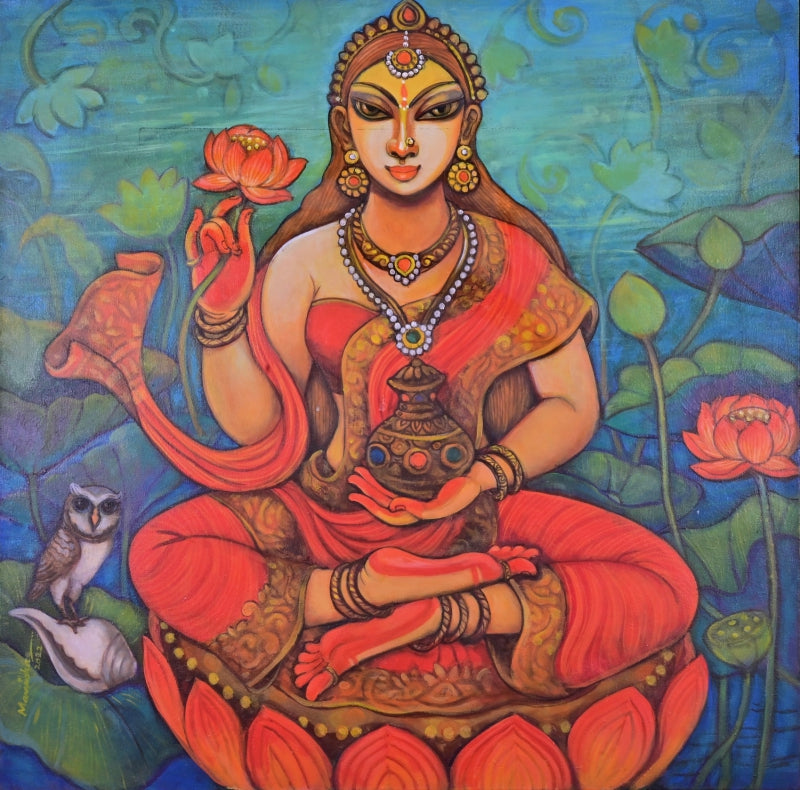 Goddess Lakshmi' religious acrylic painting by artist Manisha Srivastava, 36x36 inch, on canvas