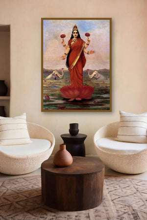 Goddess Lakshmi (Lakshmi: Goddess of Prosperity and Abundance) by artist Raja Ravi Varma displayed in a Boutique gallery