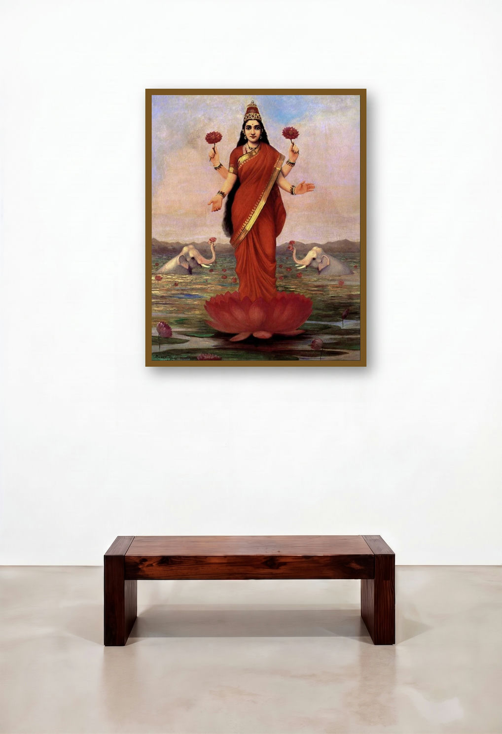 Goddess Lakshmi (Lakshmi: Goddess of Prosperity and Abundance) by artist Raja Ravi Varma displayed in a Classic Foyer