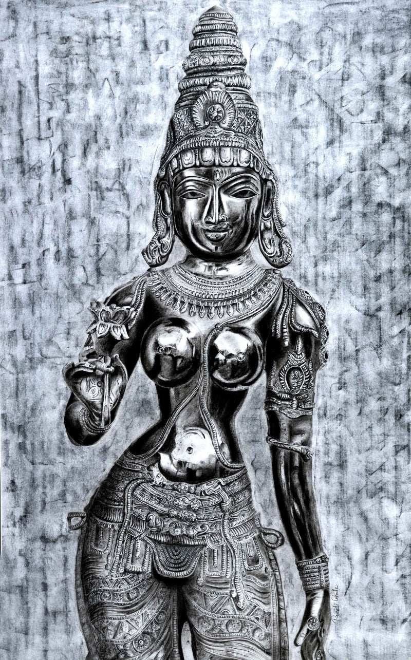 Goddess With Lotus' religious charcoal drawing by artist Preeti Ghule, 36x26 inch, on paper