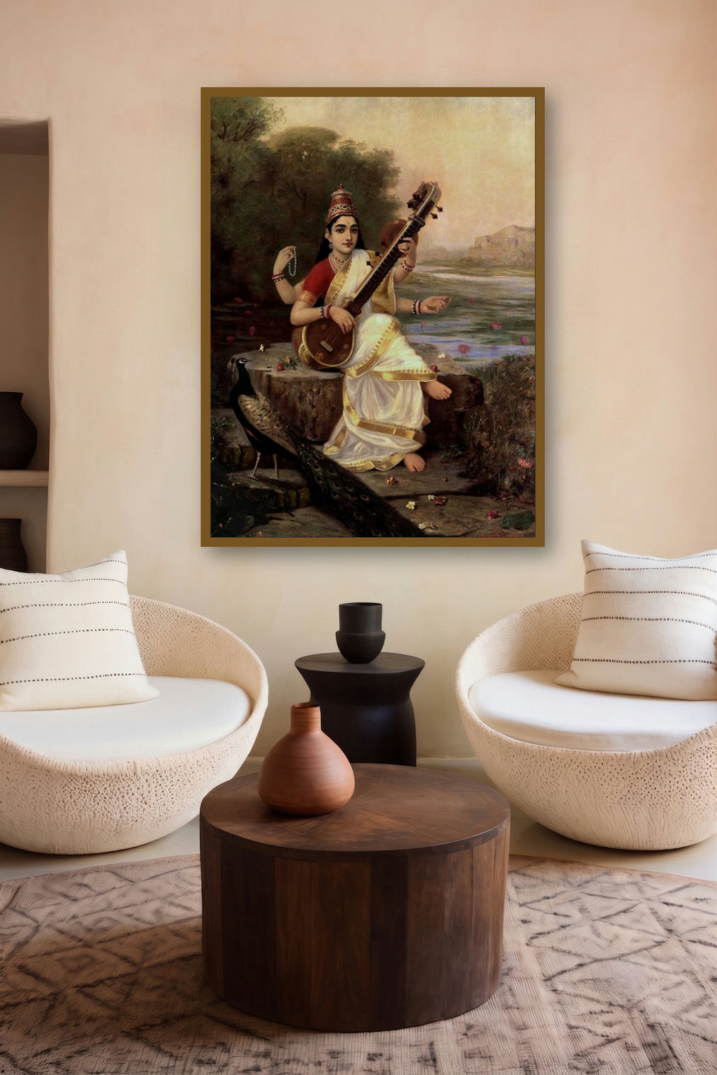 Goddess Saraswathi (Saraswati: Goddess of Knowledge and Wisdom) by artist Raja Ravi Varma displayed in a Contemporary gallery