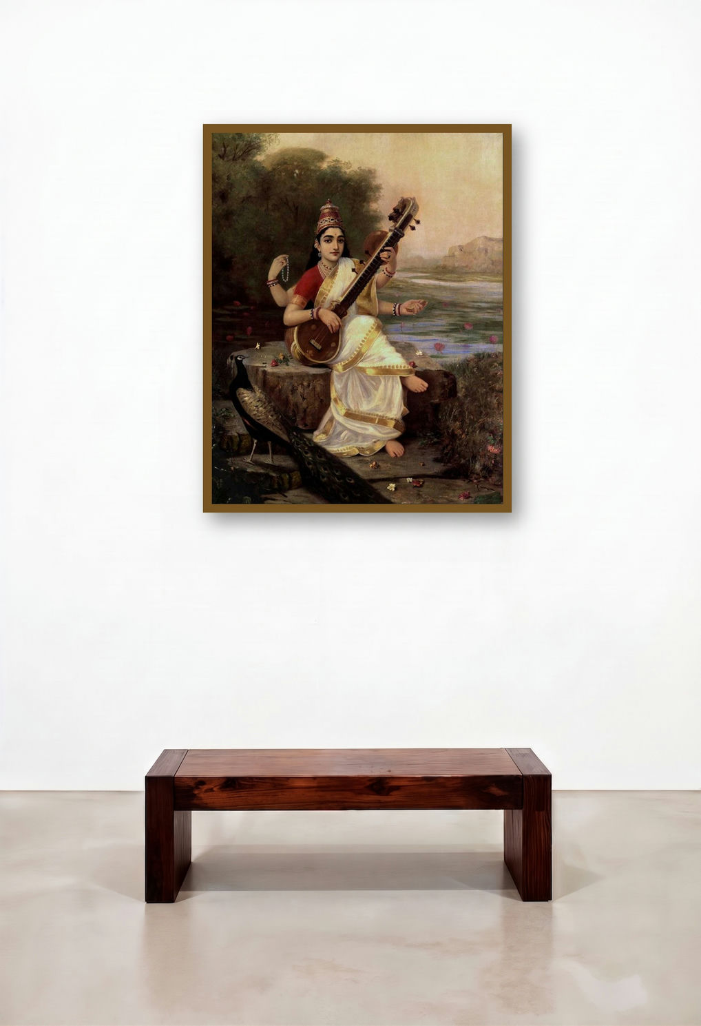 Goddess Saraswathi (Saraswati: Goddess of Knowledge and Wisdom) by artist Raja Ravi Varma displayed in a Rustic Dining Room