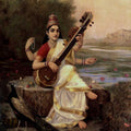 Figurative oil painting titled 'Goddess Saraswathi', 36x26 inches, by artist Raja Ravi Varma Reproduction on Canvas
