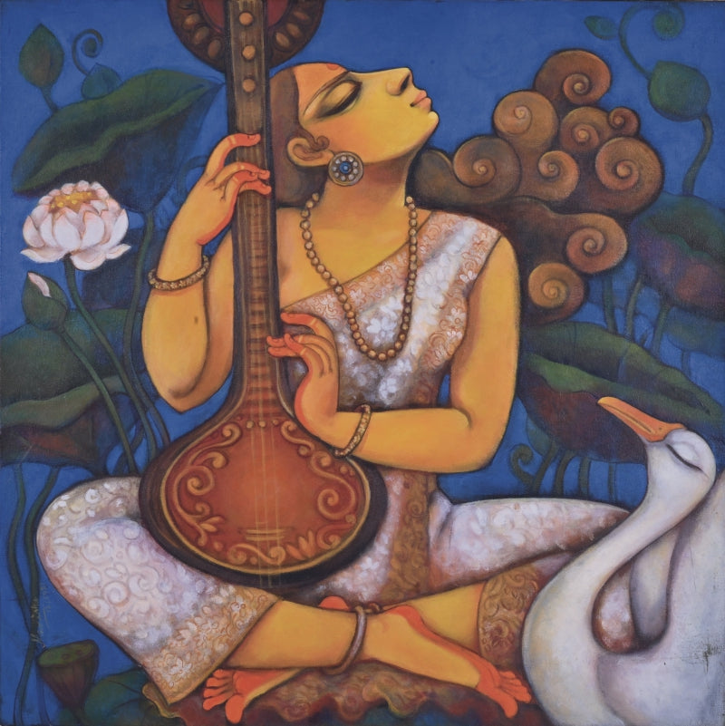 Goddess Saraswati' religious acrylic painting by artist Manisha Srivastava, 30x30 inch, on canvas