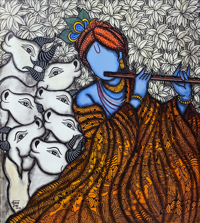 Godhooli Bela 2' religious acrylic-charcoal painting by artist Mrinal Dutt, 36x32 inch, on canvas