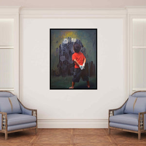 In-situ view of Pramod Kurlekar's 'Godly Amusement' painting in a room