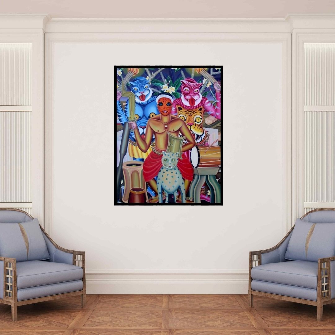 In-situ view of Rejeesh Sarovar's 'The Godman Accompanied With Leopards (Spirit Dance)' painting in a room