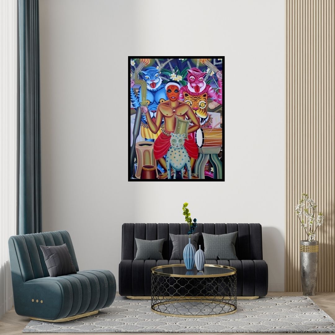 Preview of 'The Godman Accompanied With Leopards (Spirit Dance)' Painting by Rejeesh Sarovar shown on a wall in a furnished room.