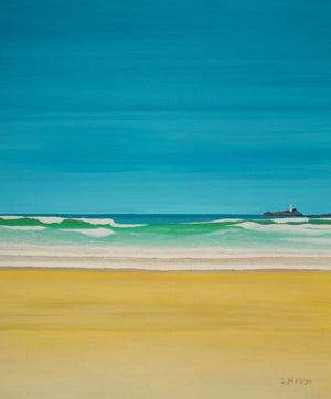 Godrevy Lighthouse Gwithian (Cornish Coastline) by SIMON MASON, Print Oil Seascape Painting on Canvas, X-Small Vertical Wall Art