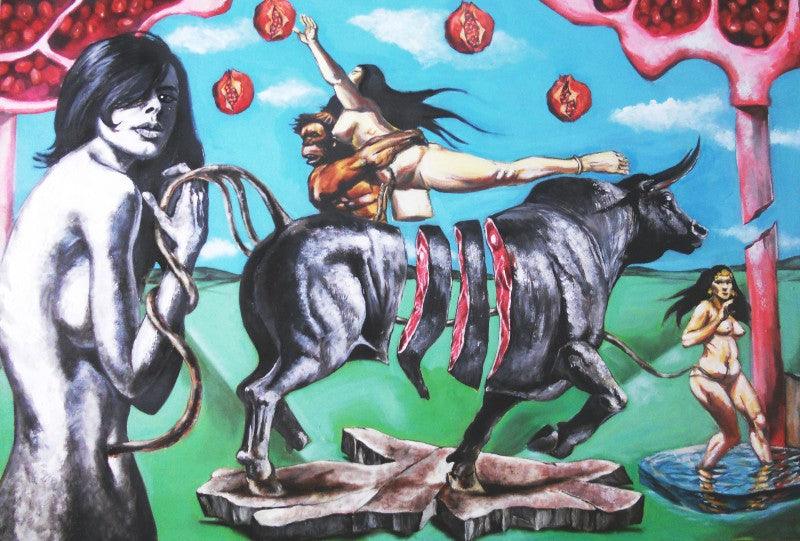 Fantasy mixed media titled 'Gods Workshop', 72x48 inches, by artist Partho Sengupta on Canvas