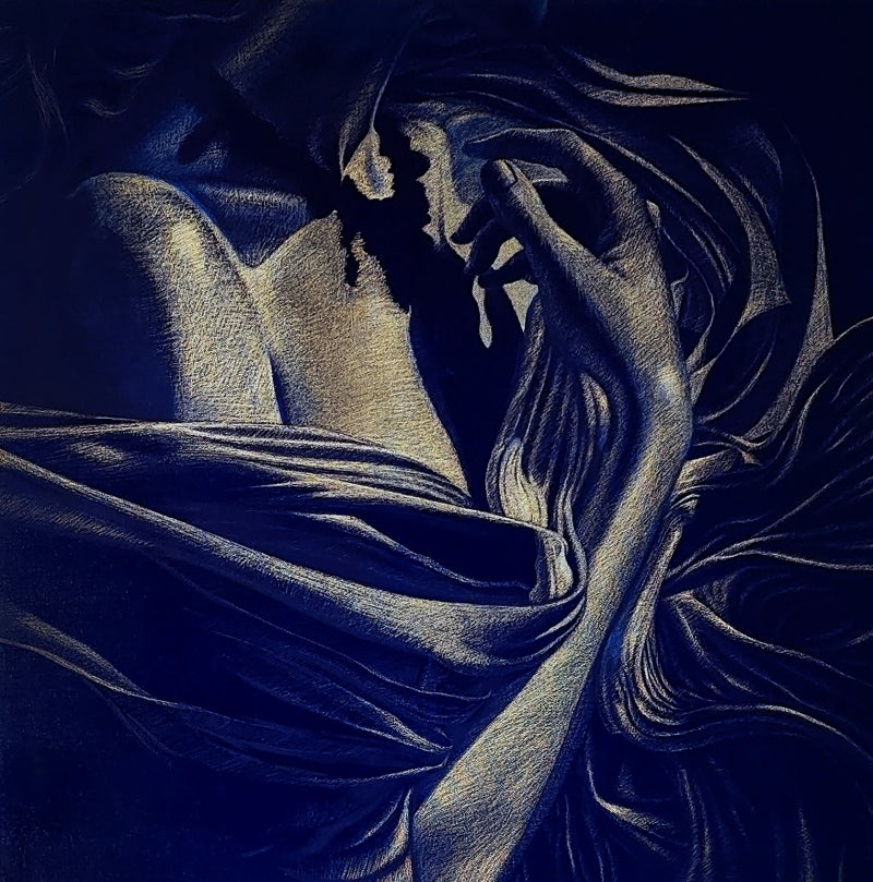 Gold Against The Night' figurative acrylic-oil painting by artist Abid Shaikh, 24x24 inch, on canvas
