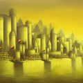 Cityscape mixed media painting titled 'Golden Banaras 2', 40x60 inches, by artist Somnath Bothe on Canvas