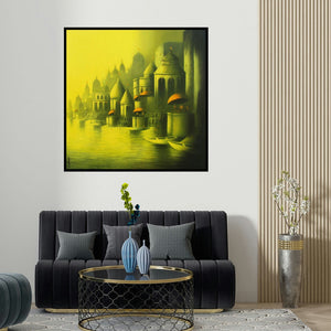 Somnath Bothe's 'Golden Banaras' painting visualized above a sofa in a contemporary room.