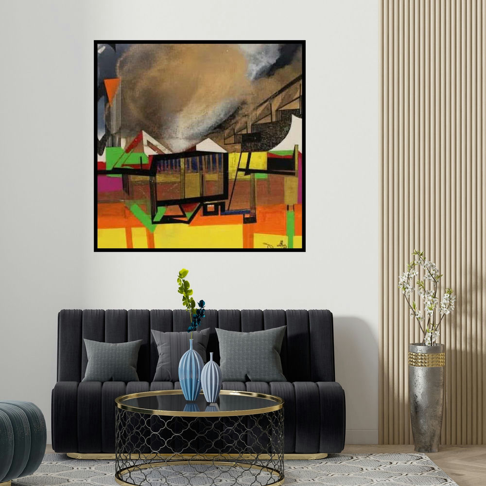 Prabhinder Lall's 'Golden Cloud 2 (Urban Dreamscape)' painting visualized above a sofa in a contemporary room.