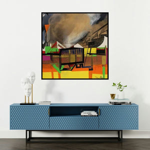 'Golden Cloud 2 (Urban Dreamscape)' painting by Prabhinder Lall shown on a wall in a furnished room.