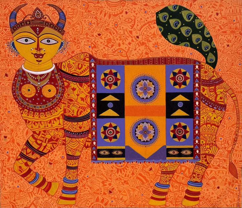 Golden Cow' religious acrylic painting by artist Bhaskar Lahiri, 30x36 inch, on canvas